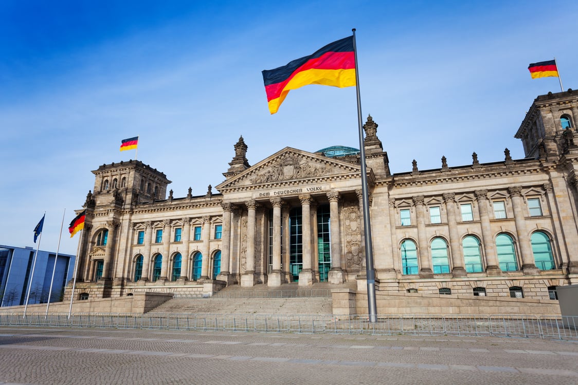 Reichstag Facade with German Flags